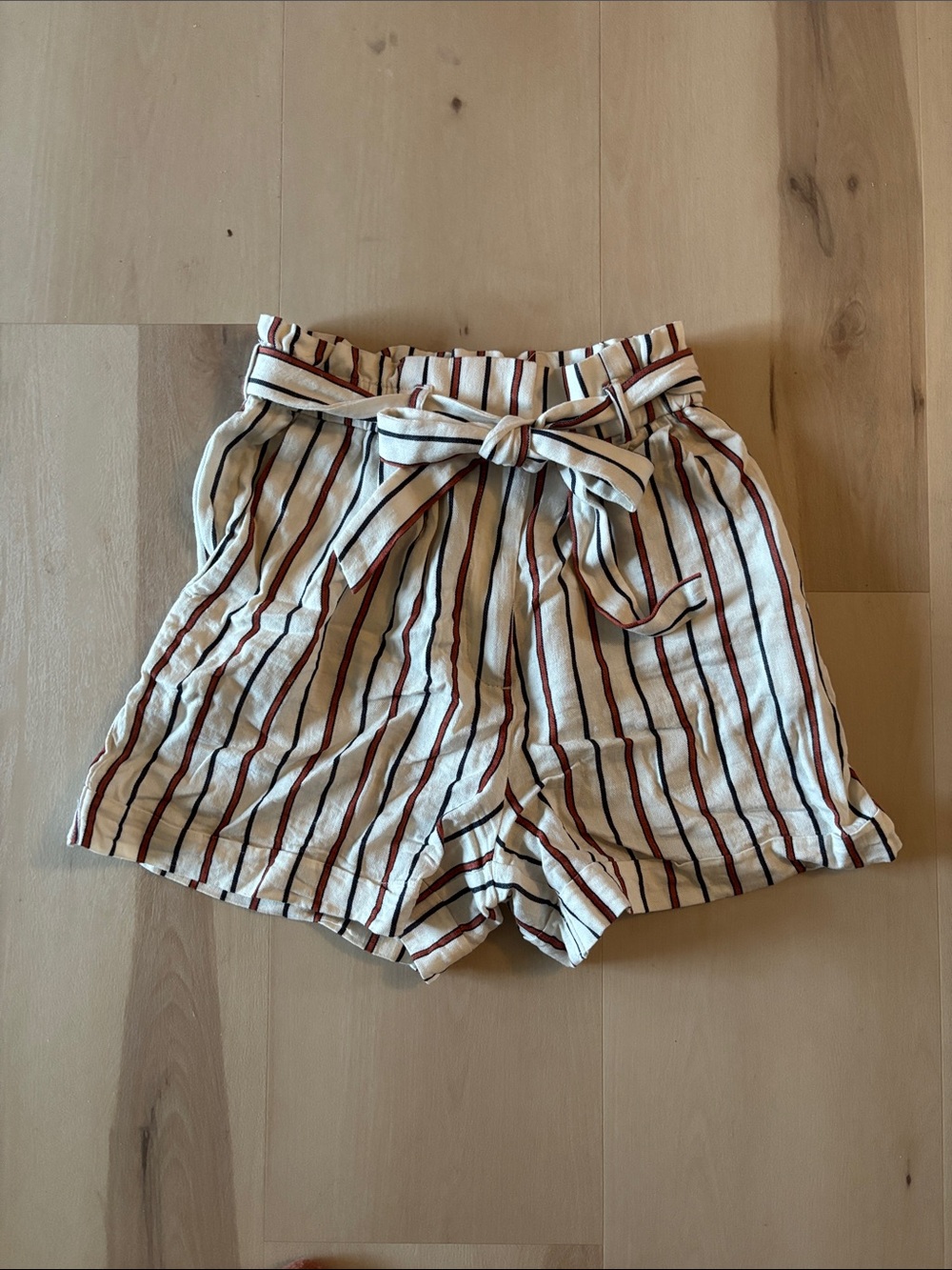 Striped Tie-Waist Women’s Shorts - Cream with Red & Black Stripes